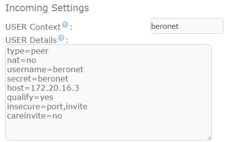 Incoming settings of SIP trunk between beroNet VoiP Gateway and Elastix
